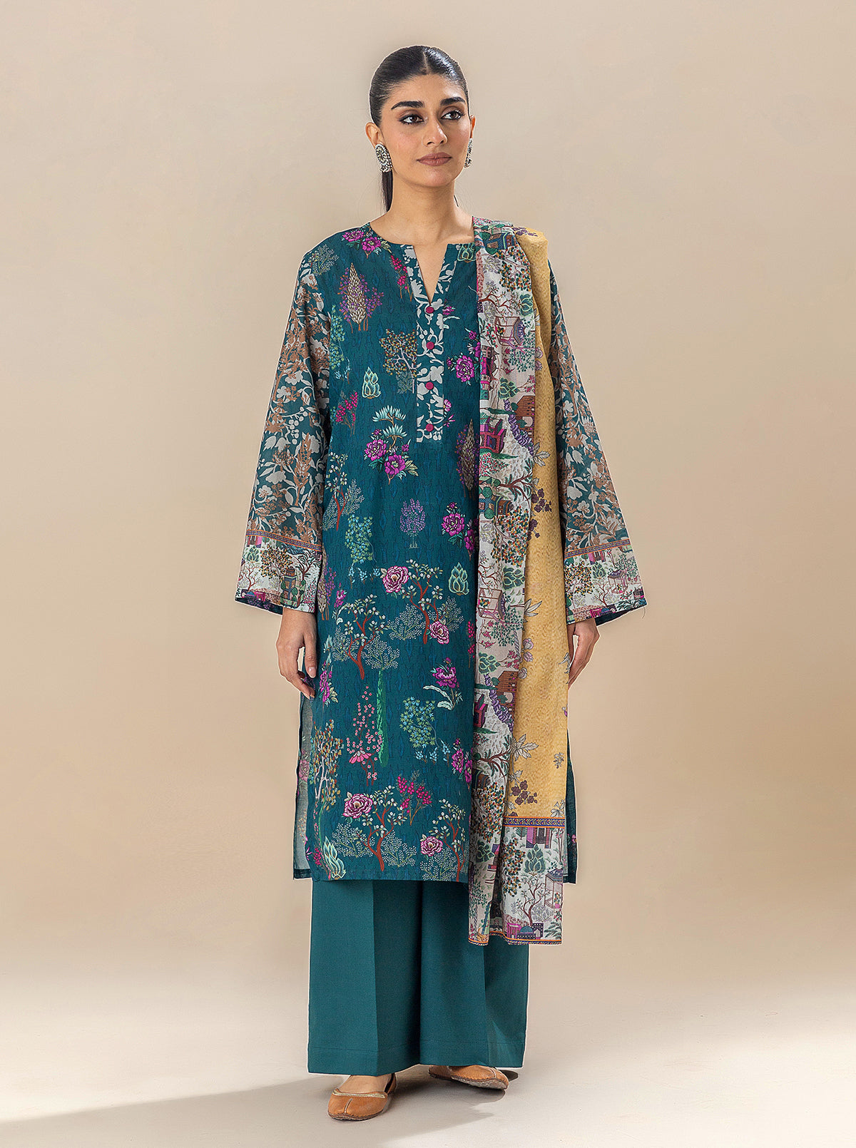 3 Piece Printed Lawn Suit-Serenity Greens (Unstitched)