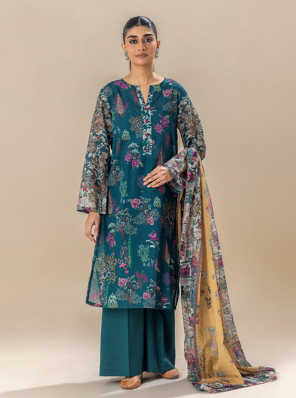 3 Piece Printed Lawn Suit-Serenity Greens (Unstitched)