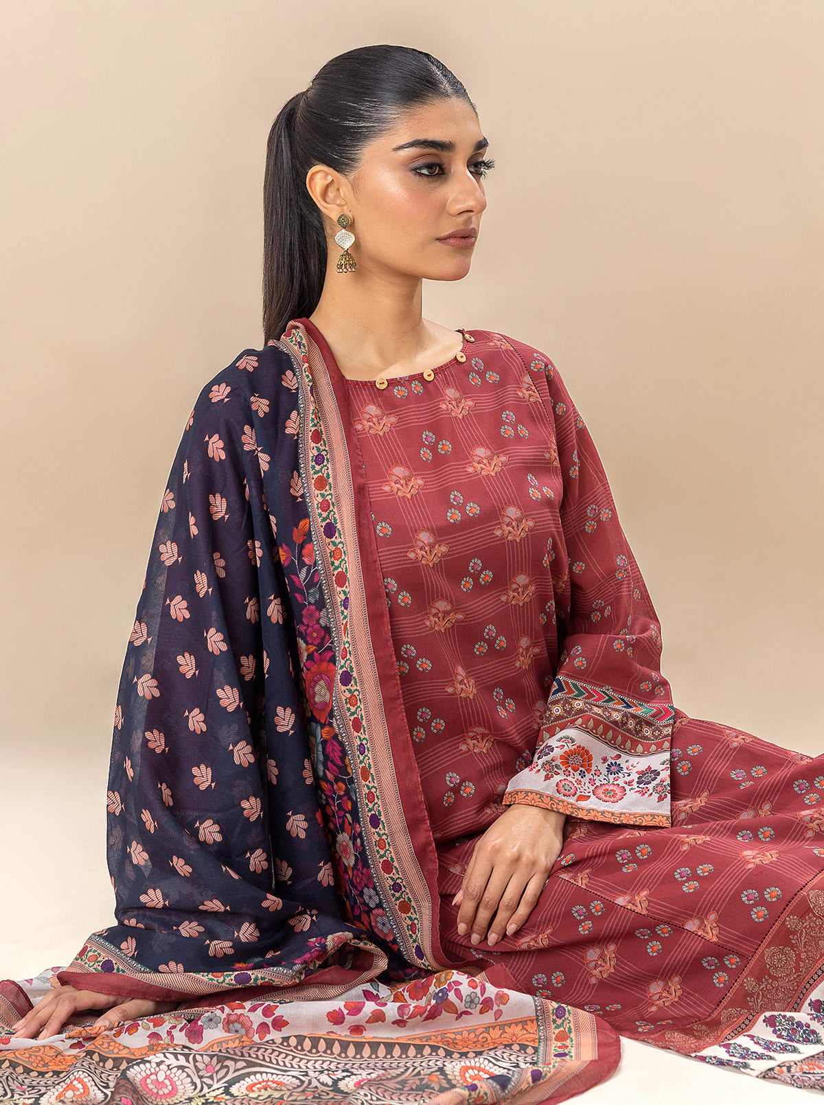 3 Piece Printed Lawn Suit-Royalty Red (Unstitched)