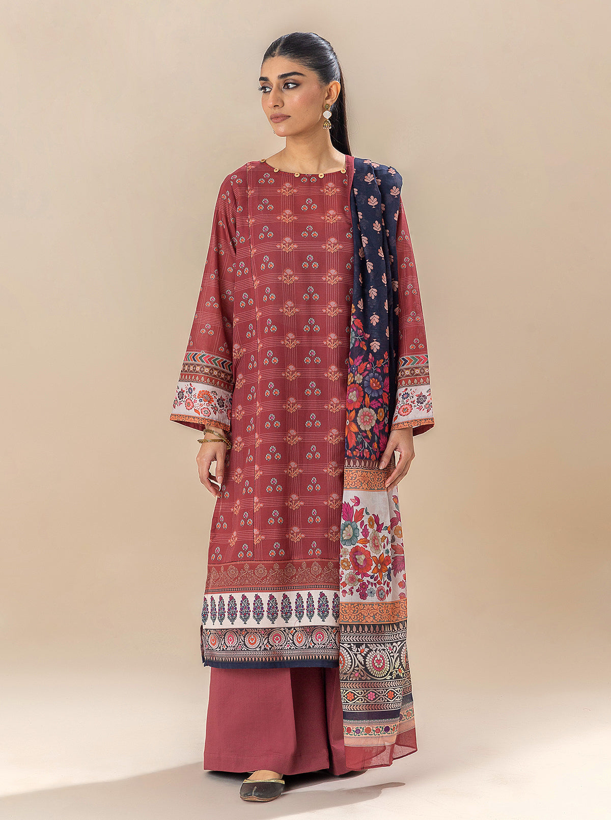3 Piece Printed Lawn Suit-Royalty Red (Unstitched)