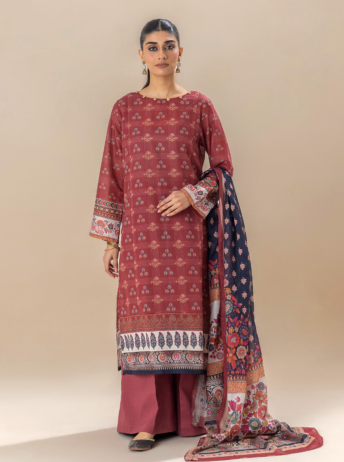 3 Piece Printed Lawn Suit-Royalty Red (Unstitched)