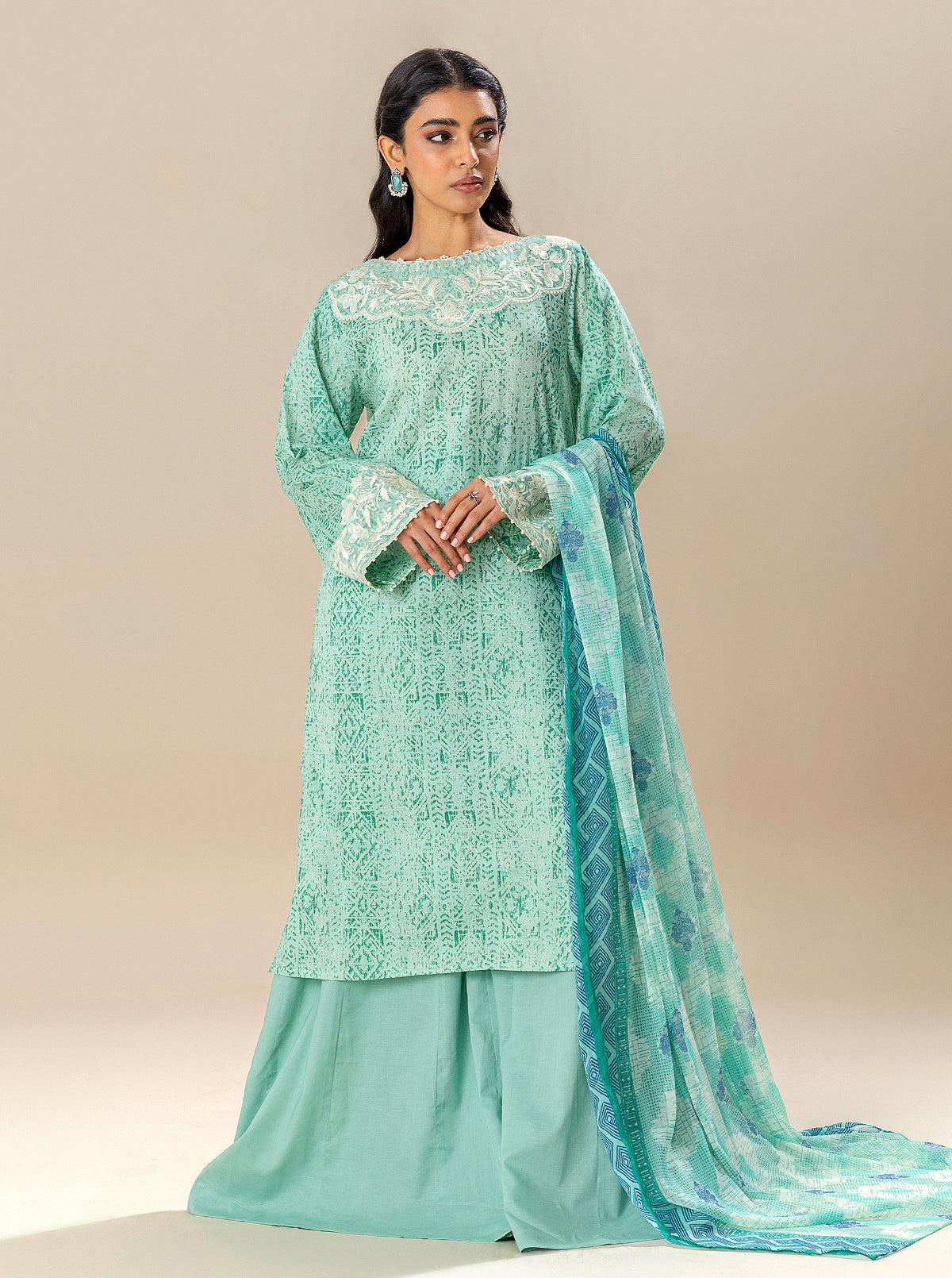 3 Piece Embroidered Lawn Suit-Mineral Mine (Unstitched)