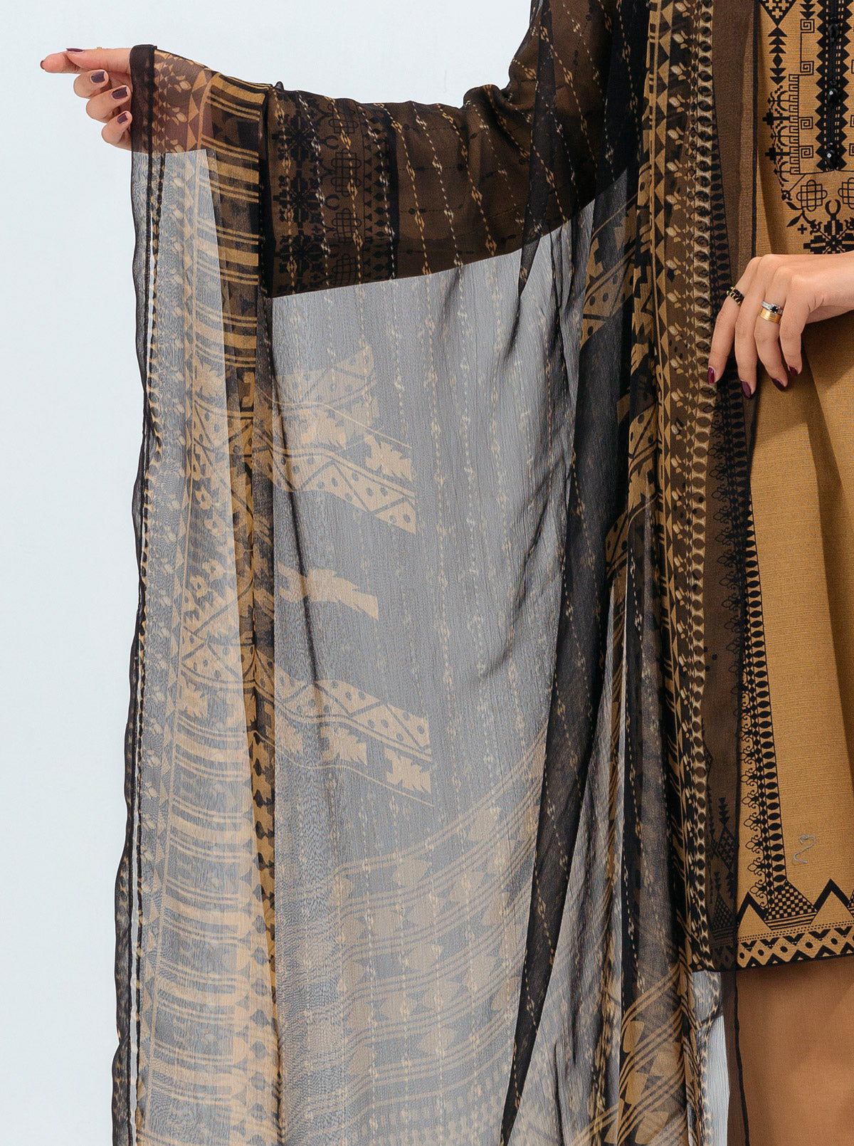 3 Piece - Printed Khaddar Suit - Oriental Gold