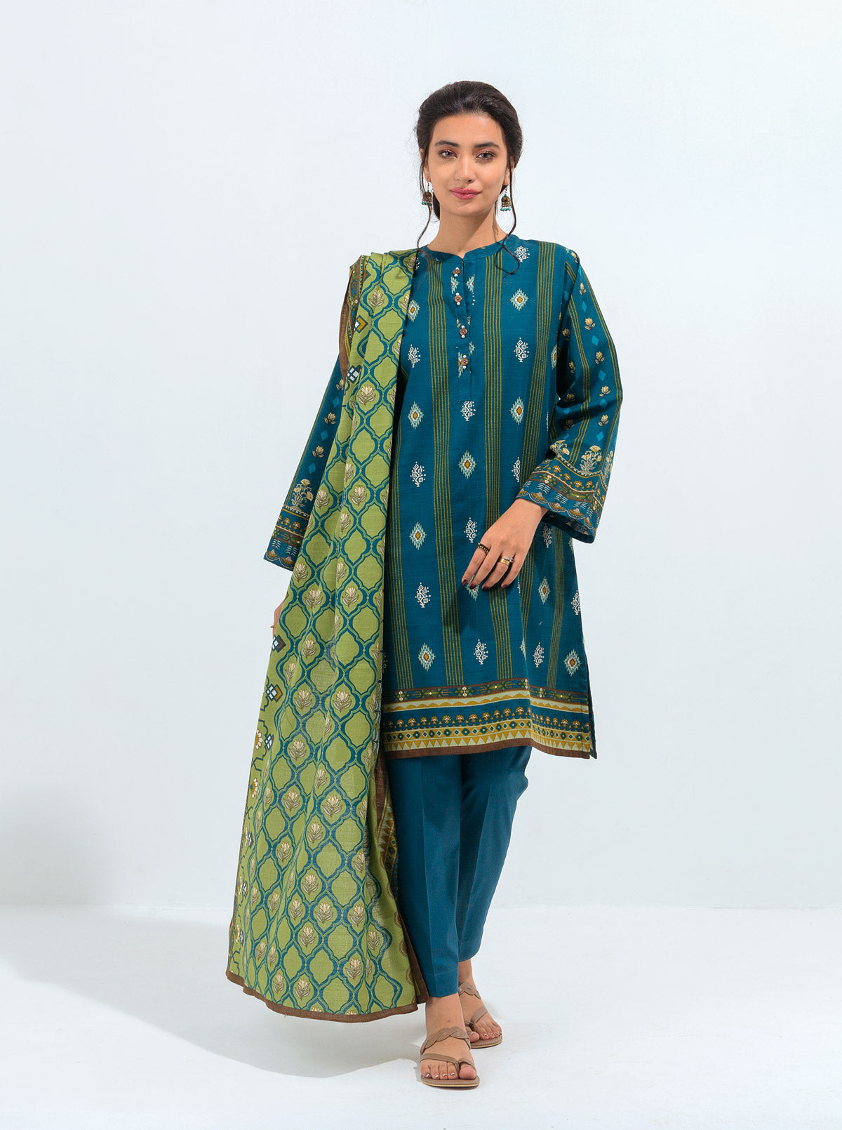 3 Piece - Printed Khaddar Suit - Indigo Opal