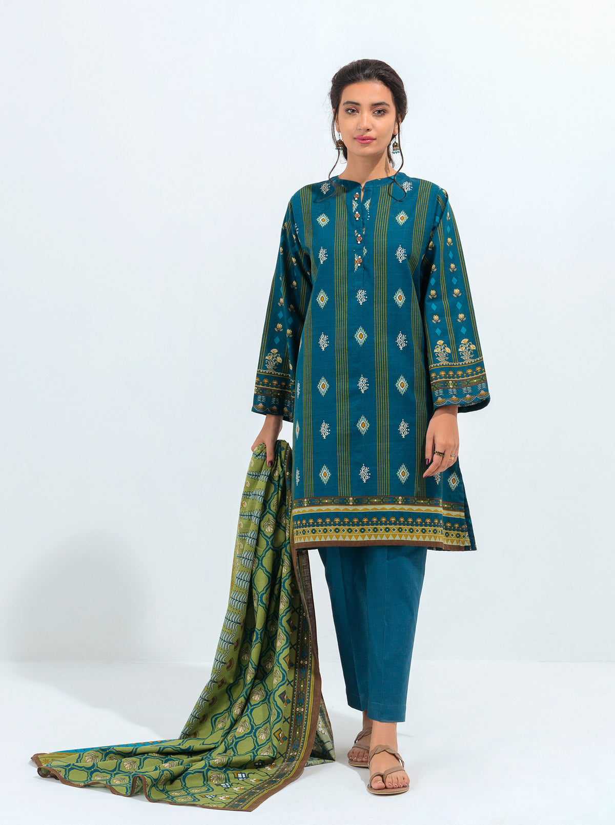 3 Piece - Printed Khaddar Suit - Indigo Opal