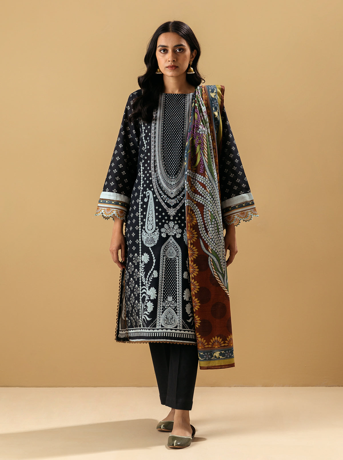 3 Piece - Printed Khaddar Suit - Dusty Rose