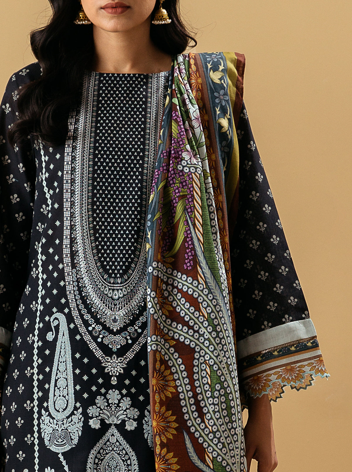 3 Piece - Printed Khaddar Suit - Dusty Rose
