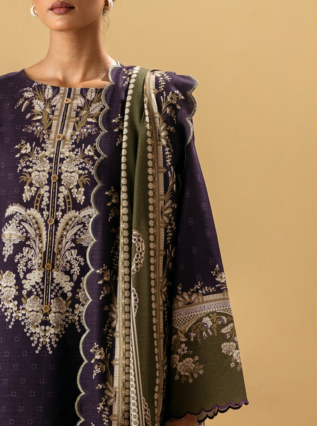 3 Piece - Printed Khaddar Suit - Byzantine Olive