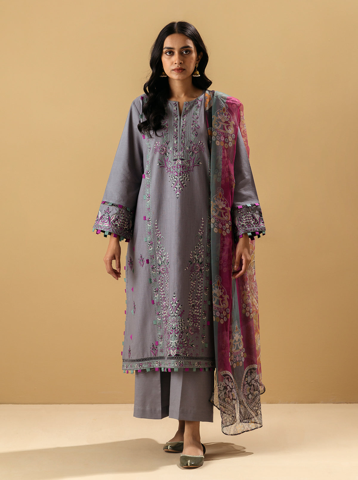 3 Piece - Embroidered Khaddar Suit - Frost Gray