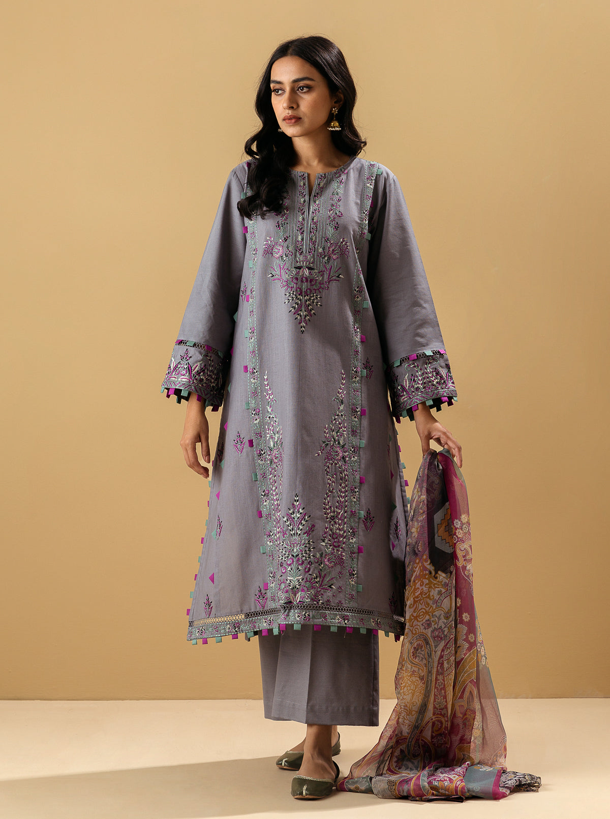 3 Piece - Embroidered Khaddar Suit - Frost Gray
