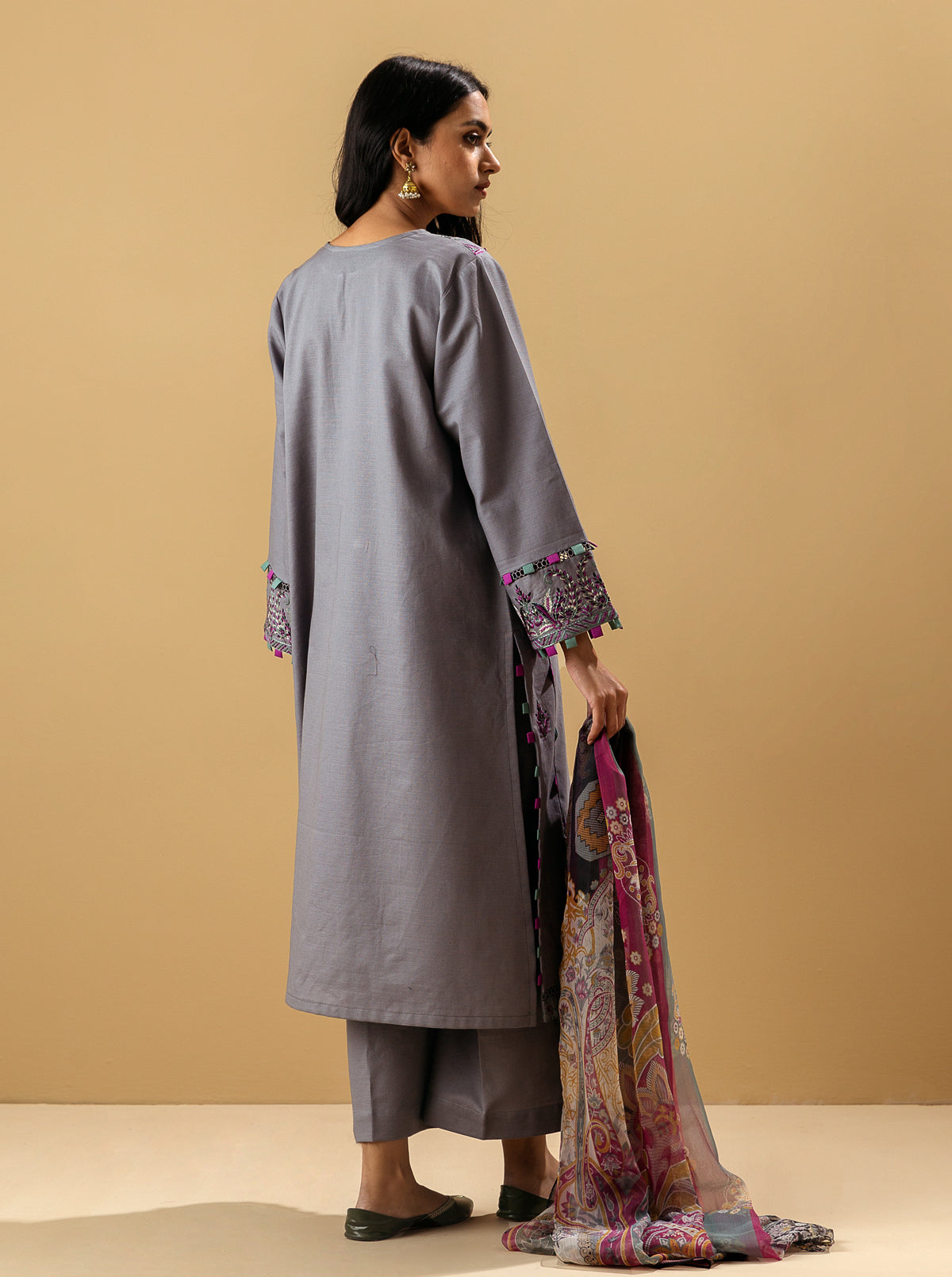 3 Piece - Embroidered Khaddar Suit - Frost Gray