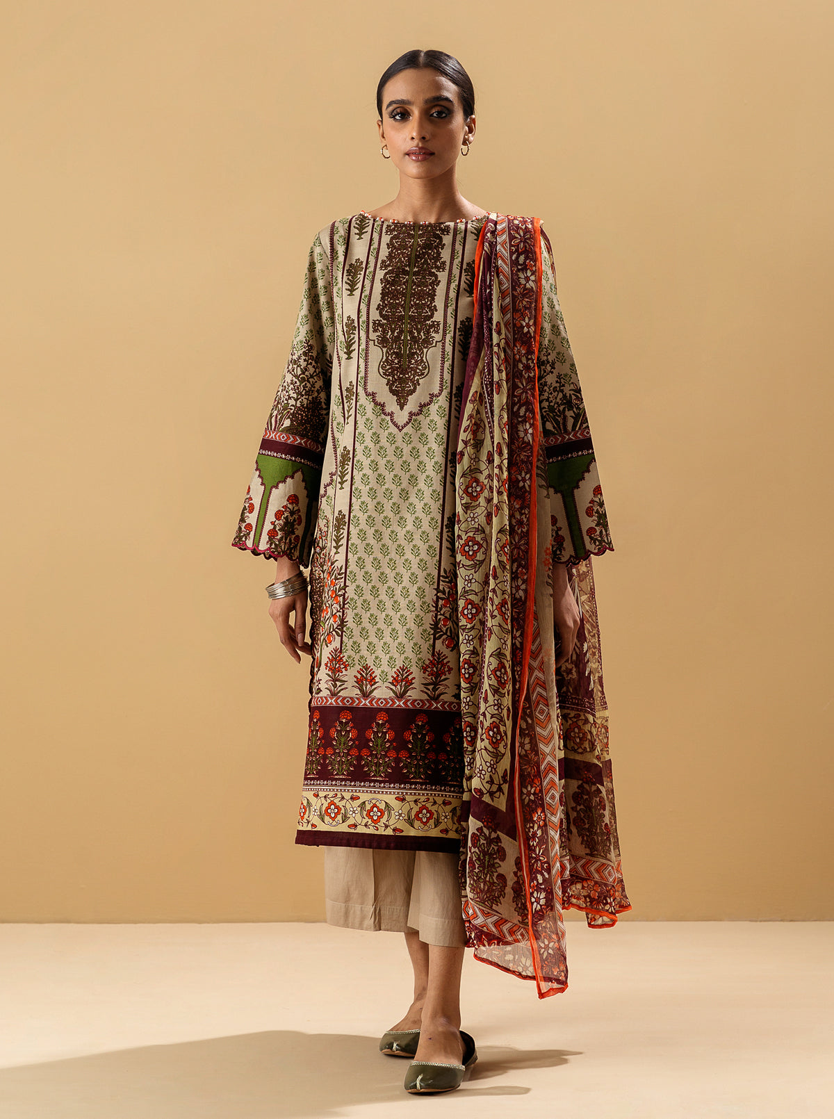 3 Piece - Printed Khaddar Suit - Tropical Fawn