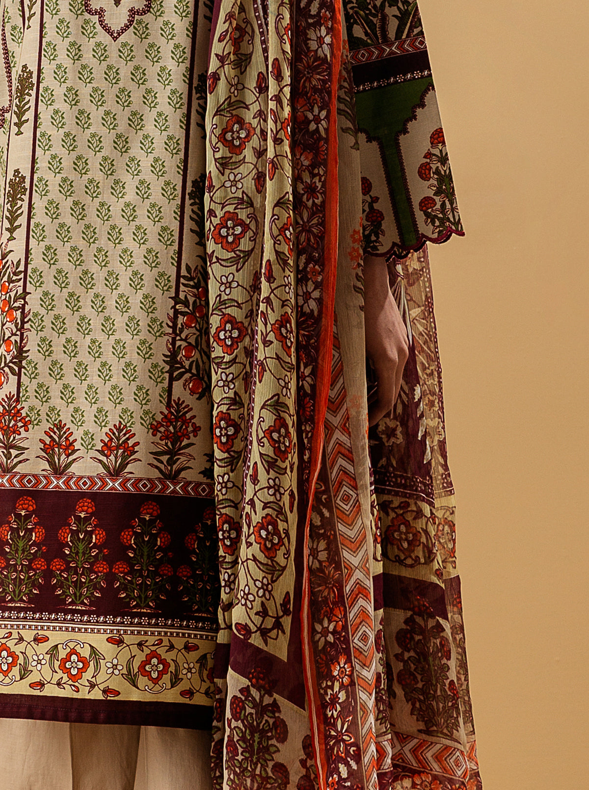 3 Piece - Printed Khaddar Suit - Tropical Fawn