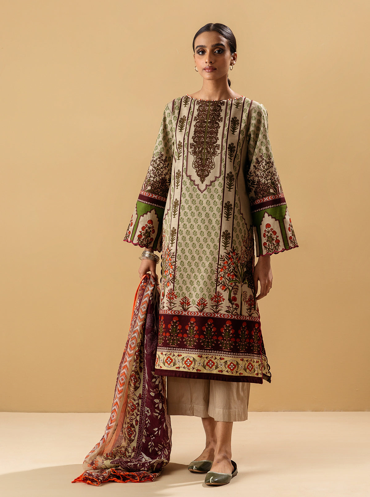 3 Piece - Printed Khaddar Suit - Tropical Fawn
