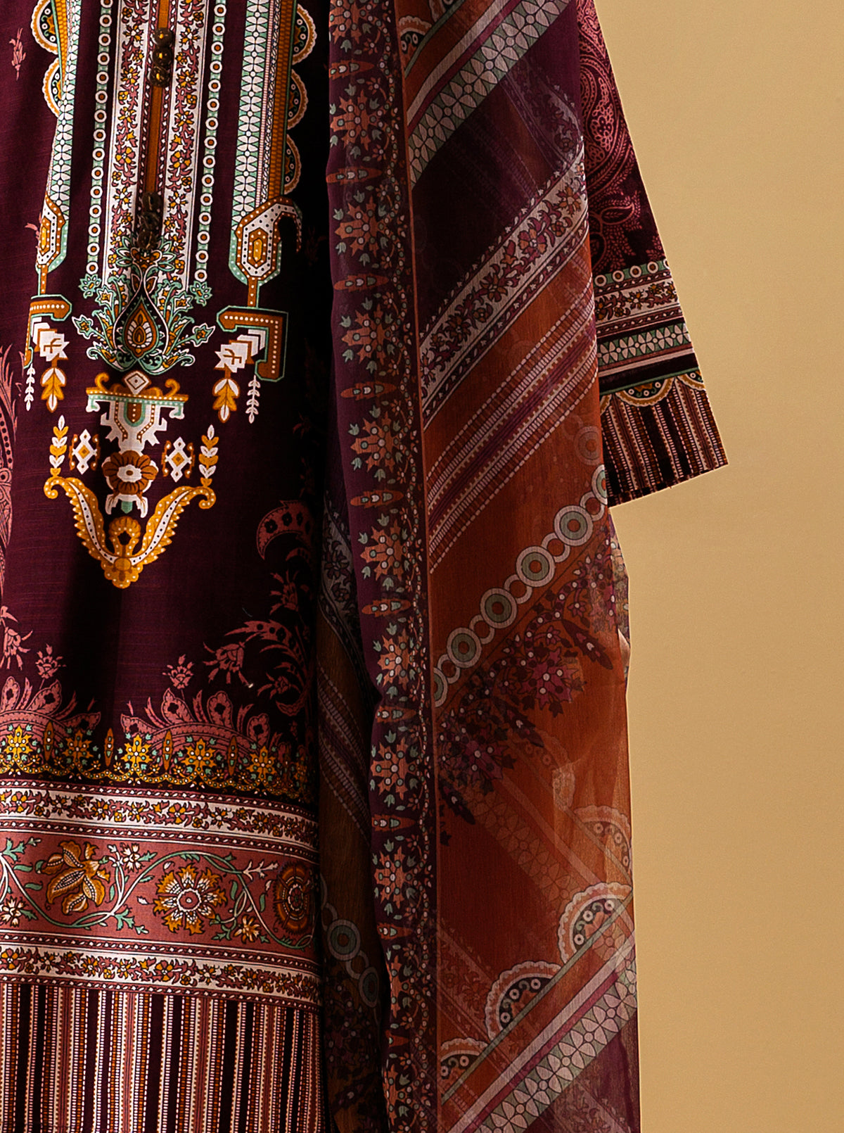 3 Piece - Printed Khaddar Suit - Imperial Ruby