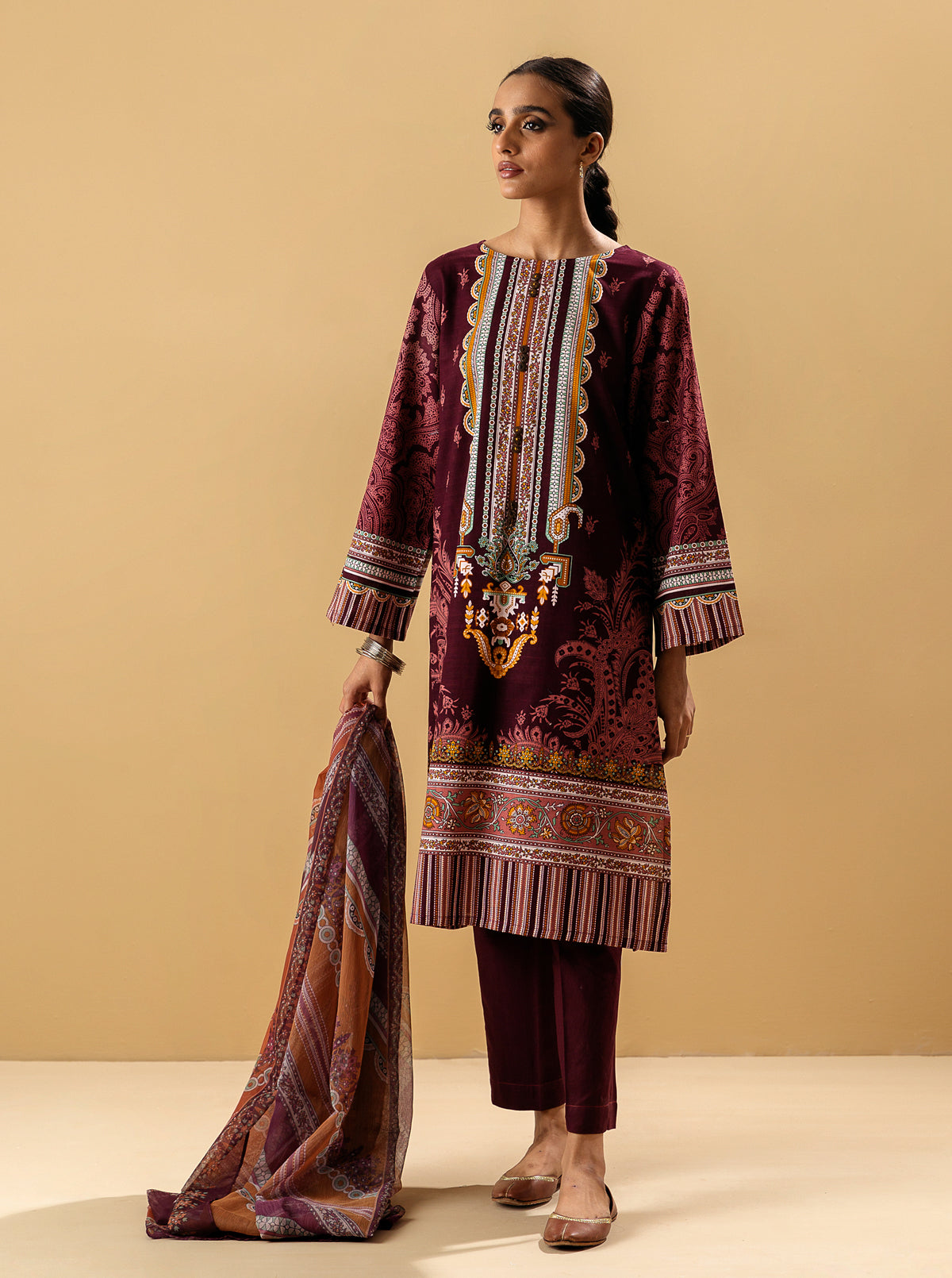 3 Piece - Printed Khaddar Suit - Imperial Ruby