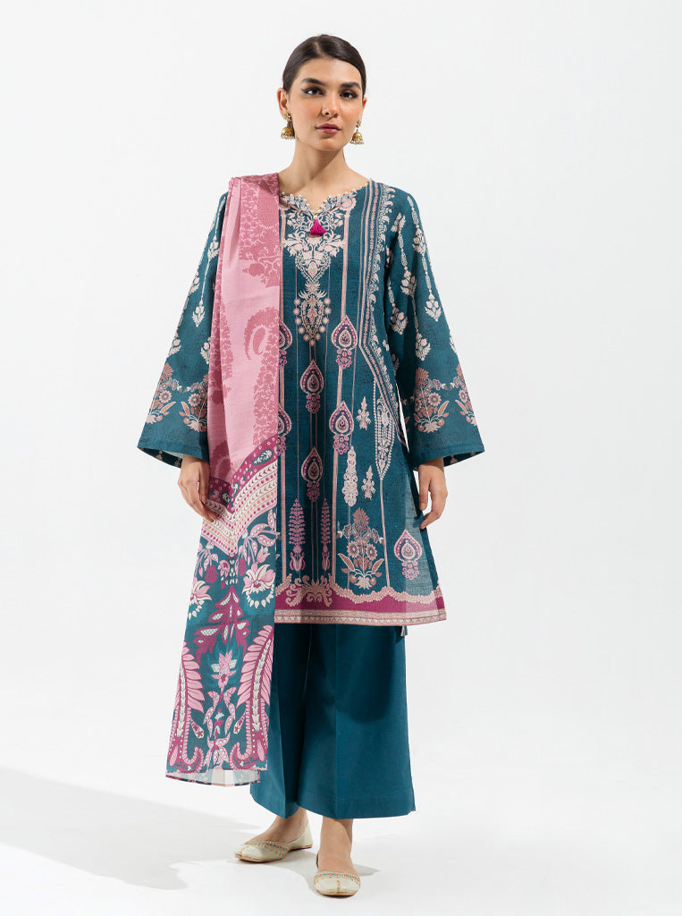 3 Piece - Printed Khaddar Suit - Royal Green