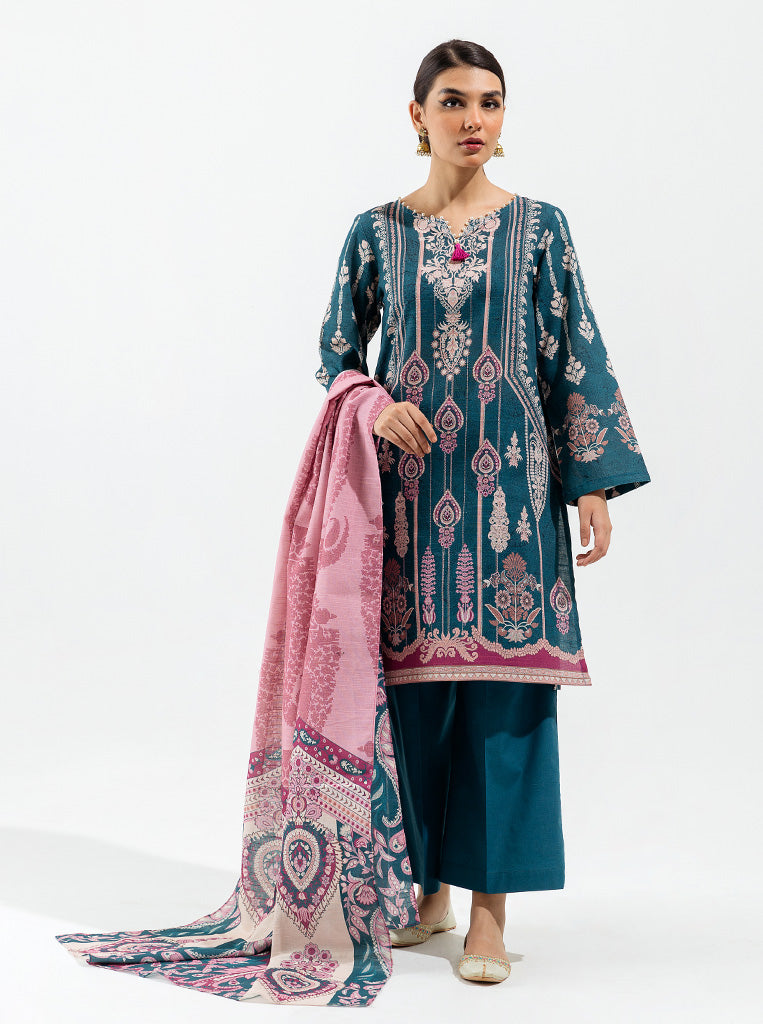 3 Piece - Printed Khaddar Suit - Royal Green