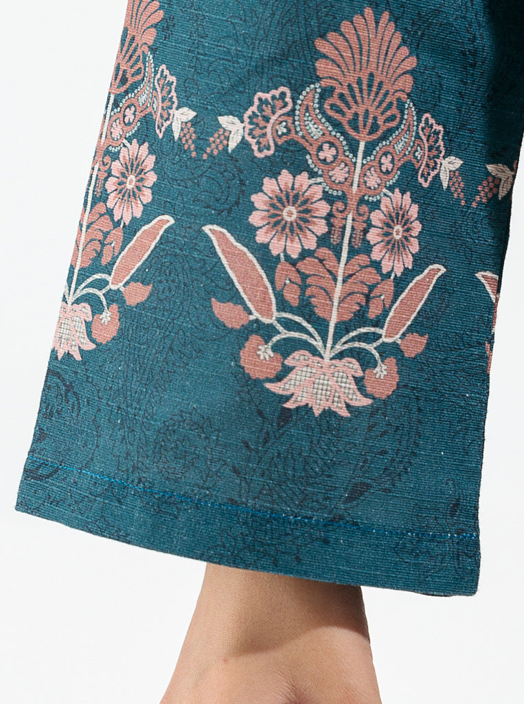 3 Piece - Printed Khaddar Suit - Royal Green