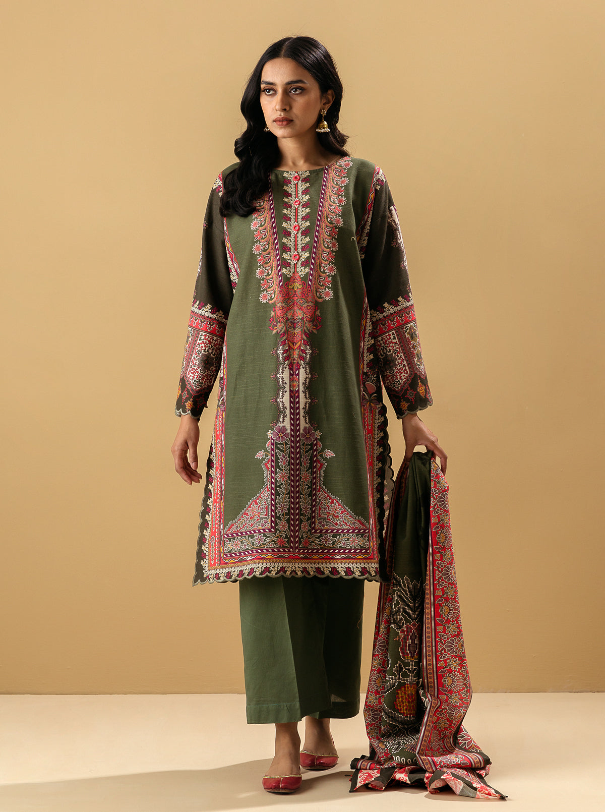 3 Piece - Printed Khaddar Suit - Malachite