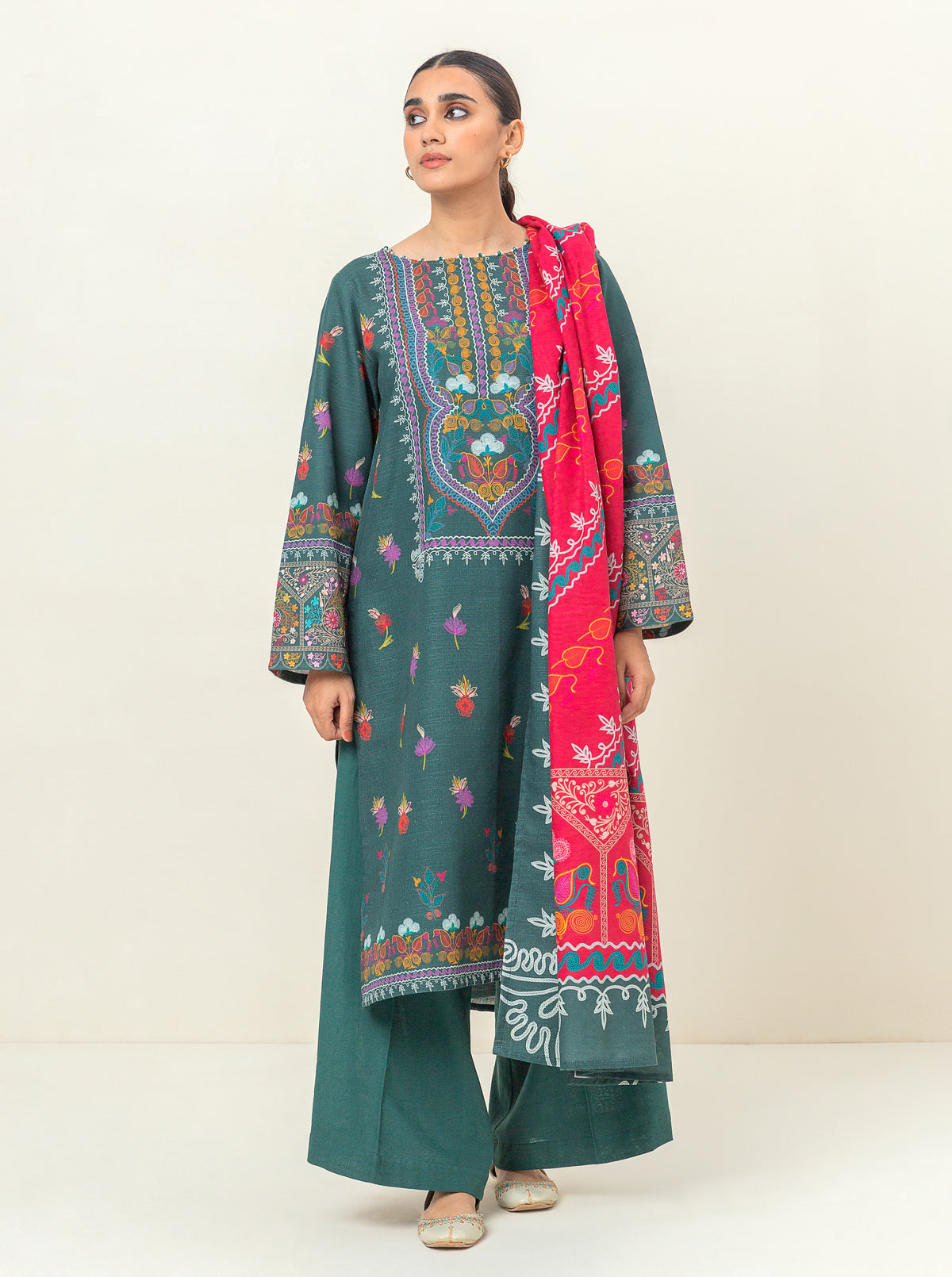 3 Piece - Printed Khaddar Suit - Ethnic Elegance