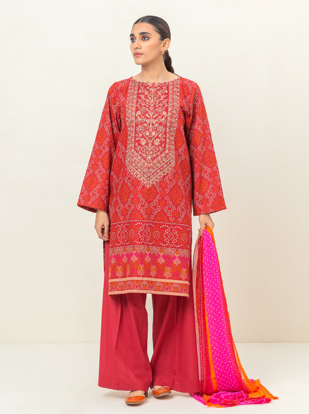 3 Piece - Embroidered Khaddar Suit - Cranberry Crush