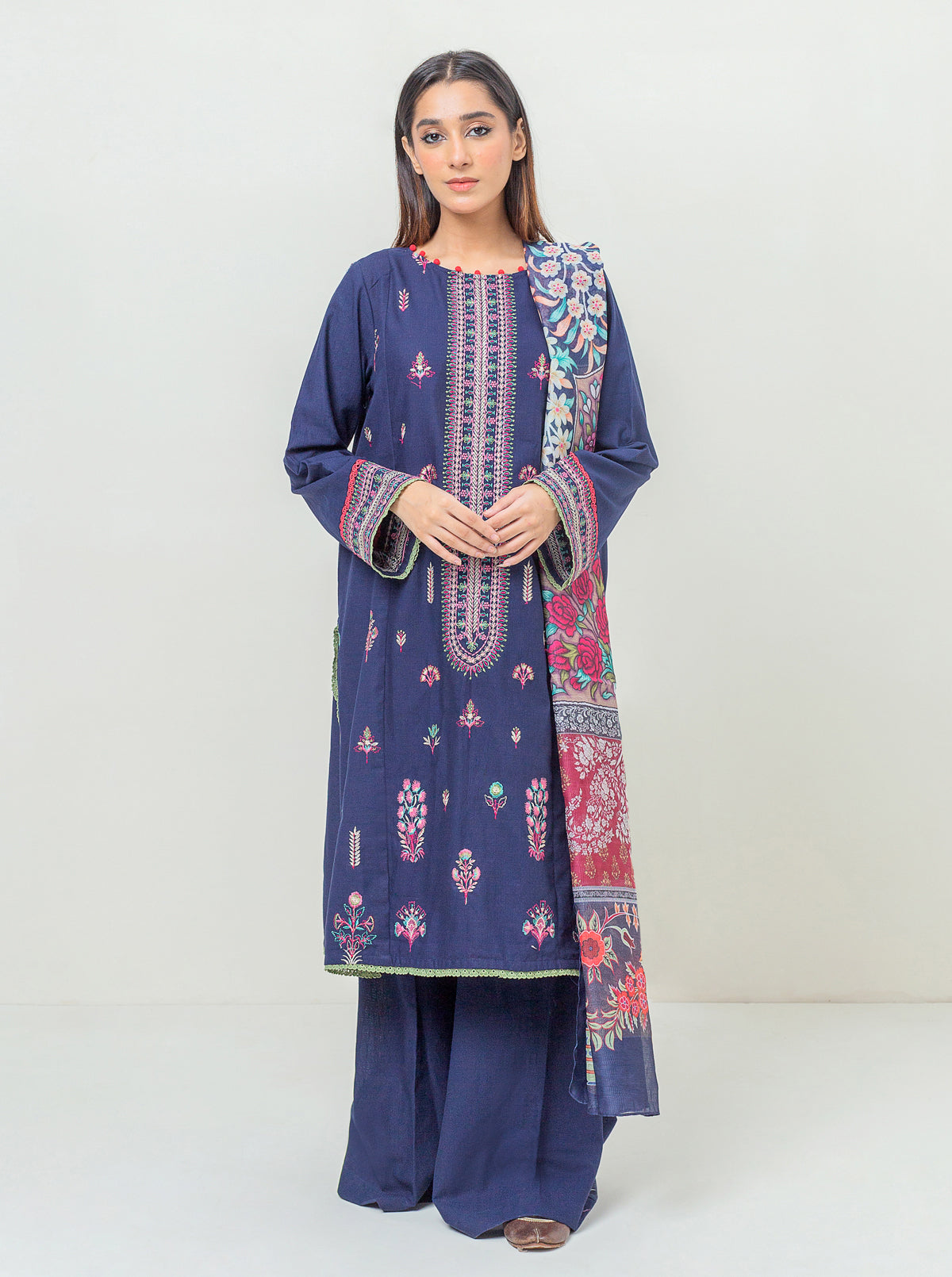 3 Piece - Embroidered Khaddar Suit - Dark Fantasy