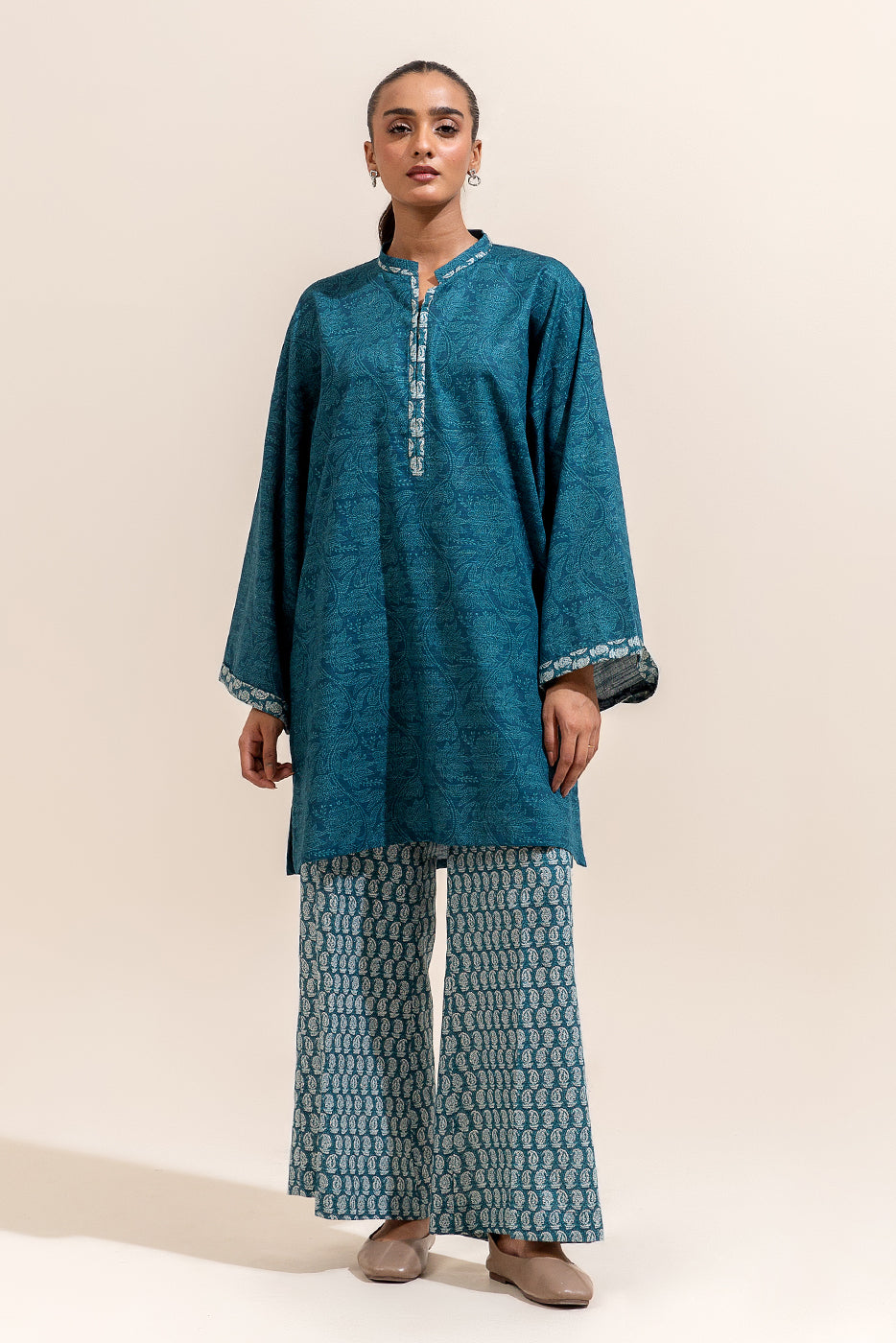 2 Piece Printed Khaddar Suit-Tealish Verve (Unstitched)