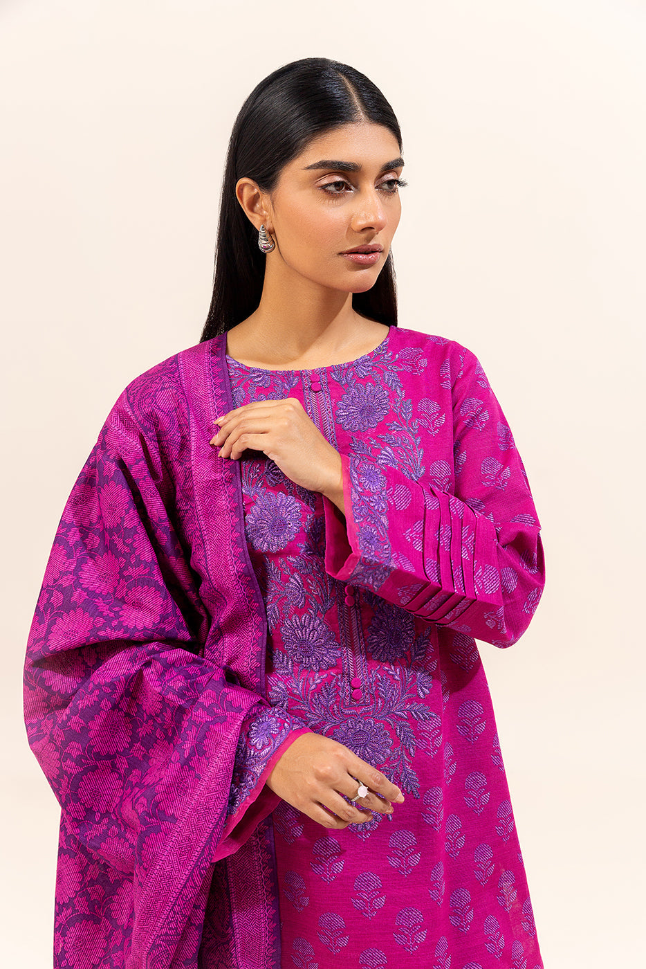 3 Piece Embroidered Khaddar Suit-Phlox Pink (Unstitched)