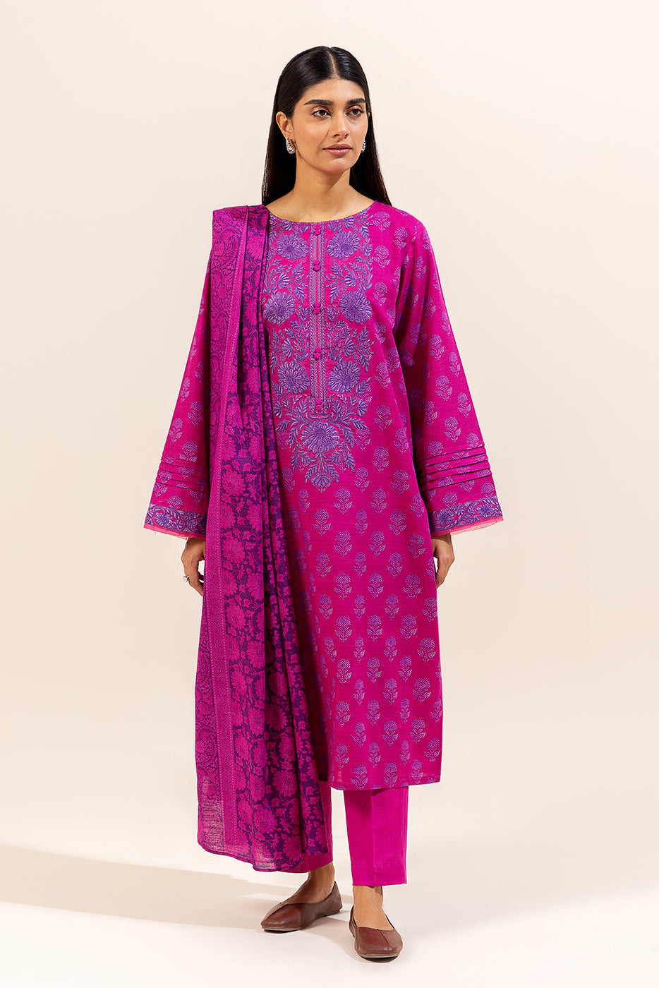 3 Piece Embroidered Khaddar Suit-Phlox Pink (Unstitched)