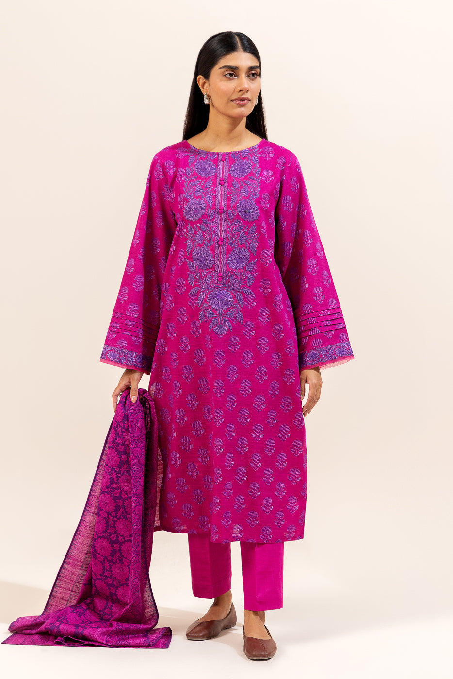 3 Piece Embroidered Khaddar Suit-Phlox Pink (Unstitched)
