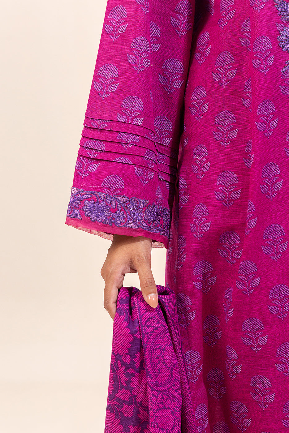 3 Piece Embroidered Khaddar Suit-Phlox Pink (Unstitched)