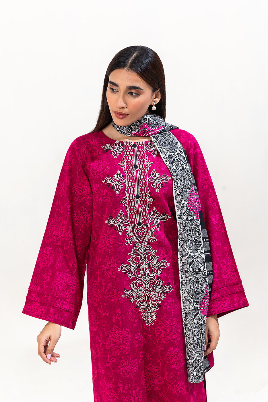 3 Piece Embroidered Khaddar Suit-Magenta Noir (Unstitched)