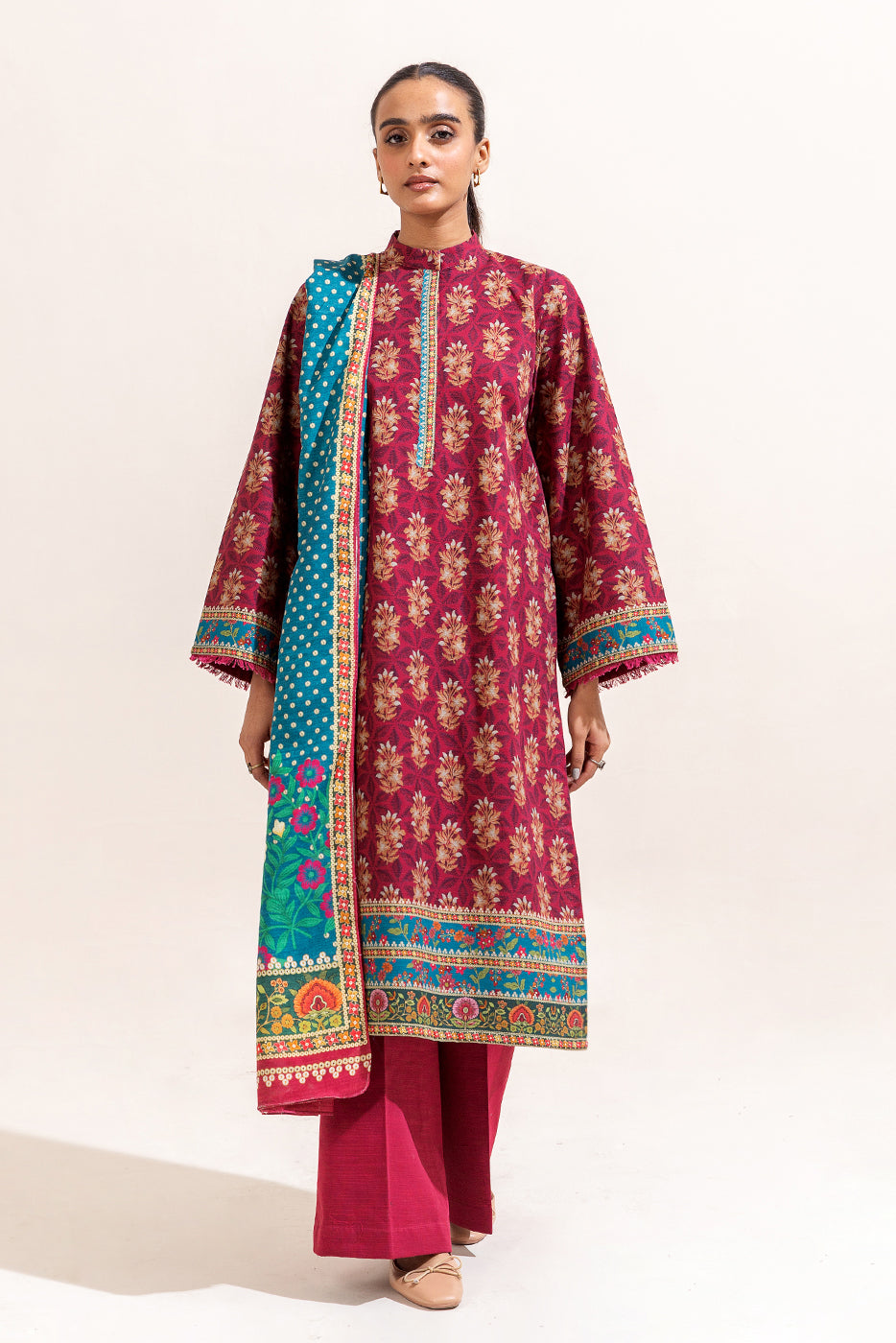 3 Piece Printed Khaddar Suit-Mulberry Fern (Unstitched)