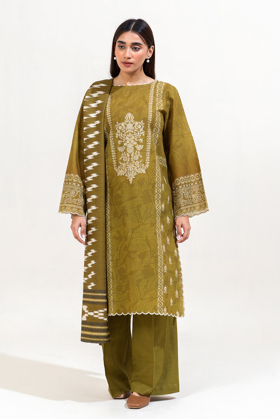 3 Piece Printed Khaddar Suit-Olive Serene (Unstitched)