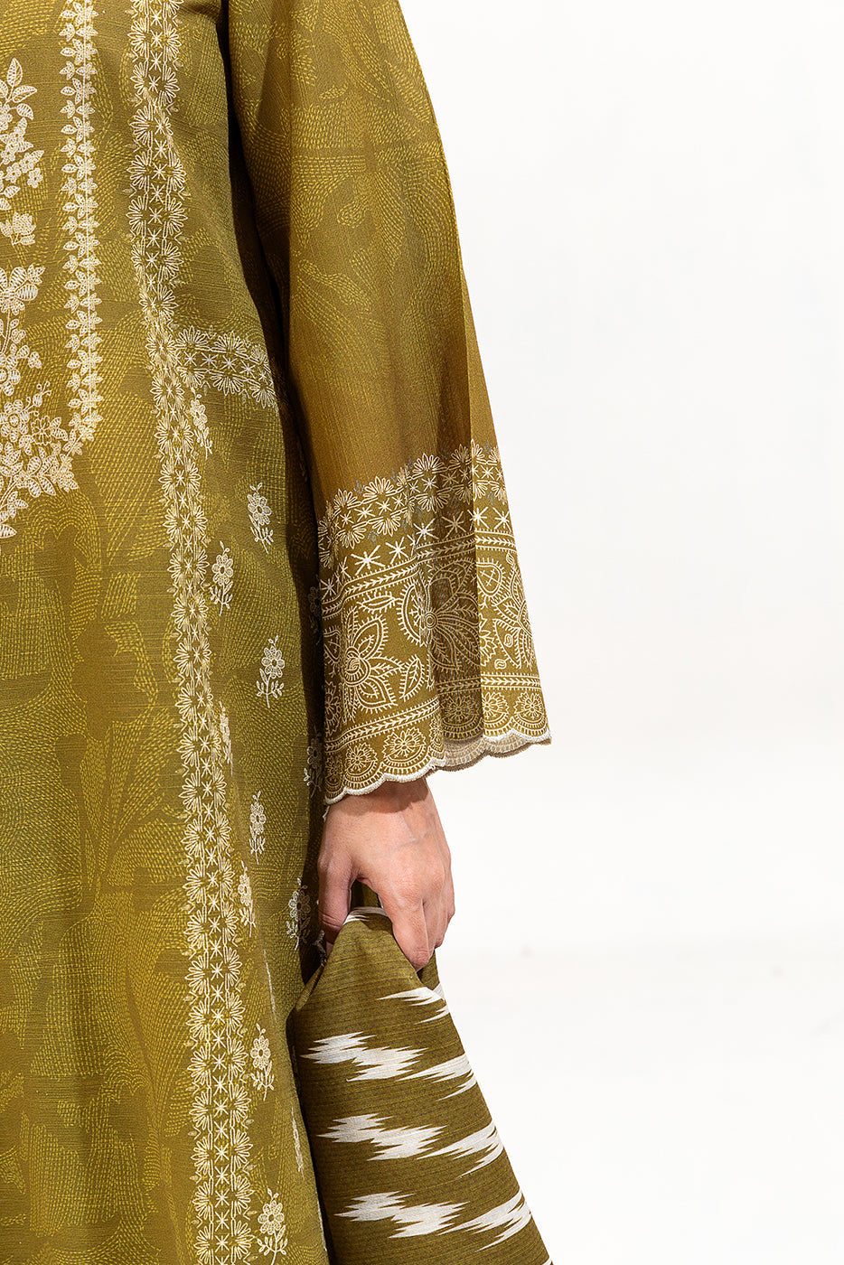 3 Piece Printed Khaddar Suit-Olive Serene (Unstitched)