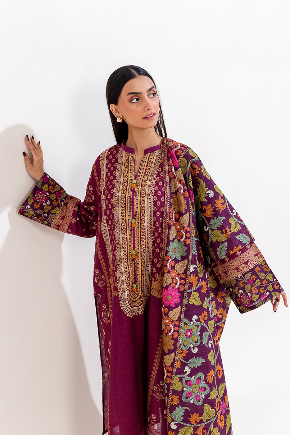 3 Piece Printed Khaddar Suit-Sangria Mist (Unstitched)