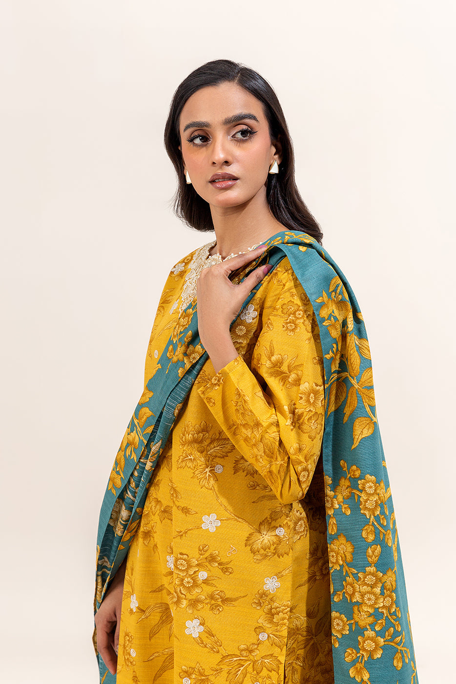 3 Piece Embroidered Khaddar Suit-Mustard Seed (Unstitched)