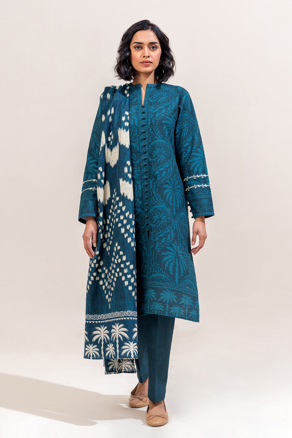 3 Piece Printed Khaddar Suit-Tealish Meadow (Unstitched)