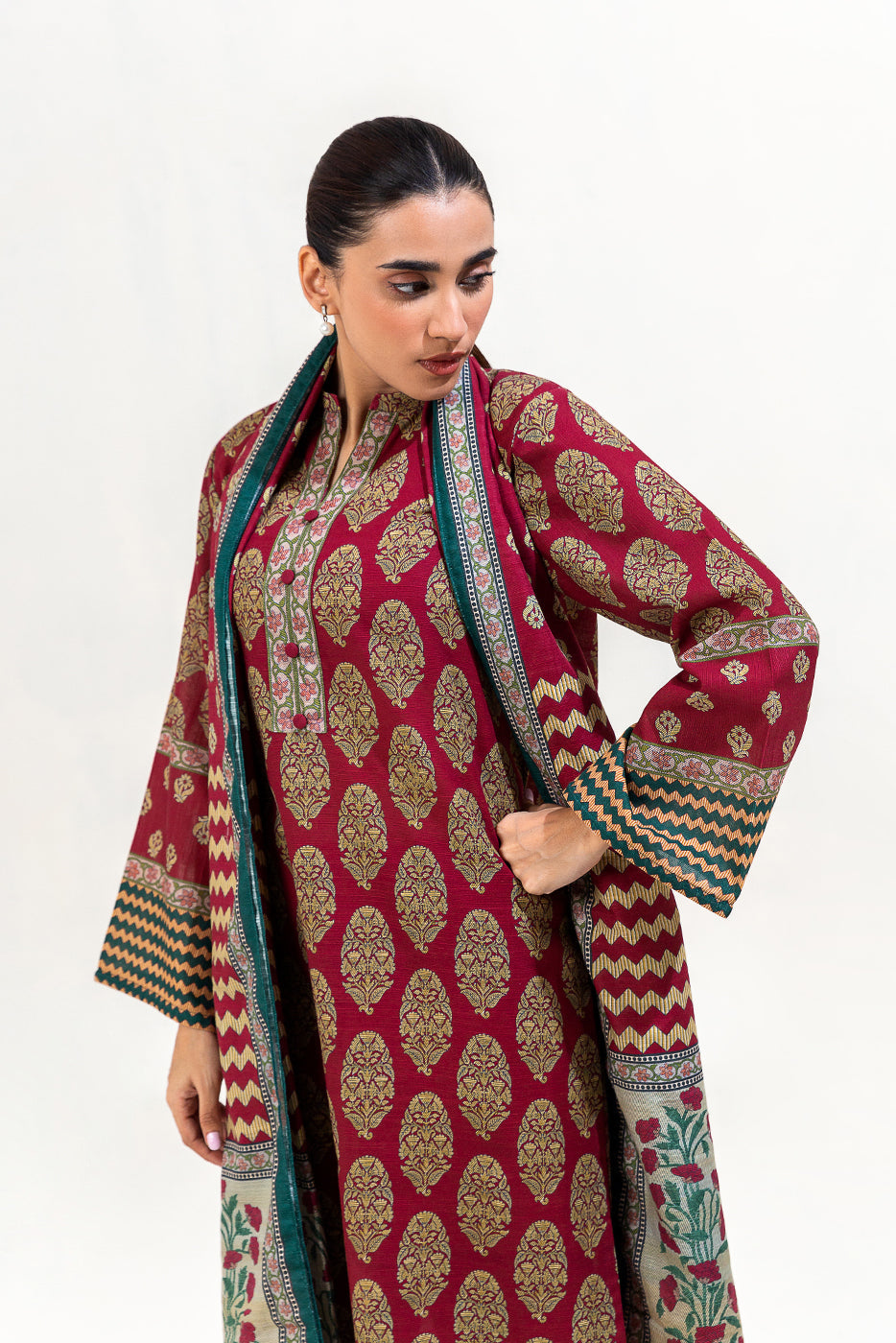 3 Piece Printed Khaddar Suit-Ethnic Brick (Unstitched)