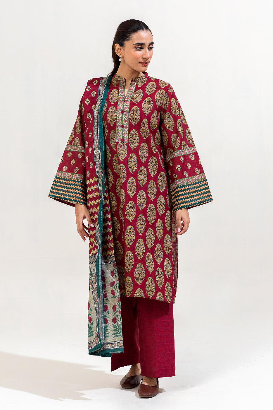 3 Piece Printed Khaddar Suit-Ethnic Brick (Unstitched)