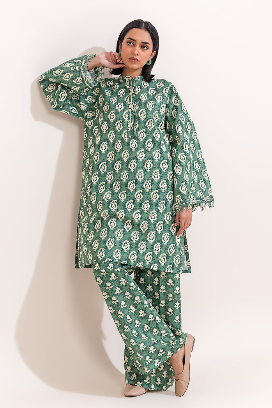 2 Piece Printed Khaddar Suit-Ethnic Green (Unstitched)