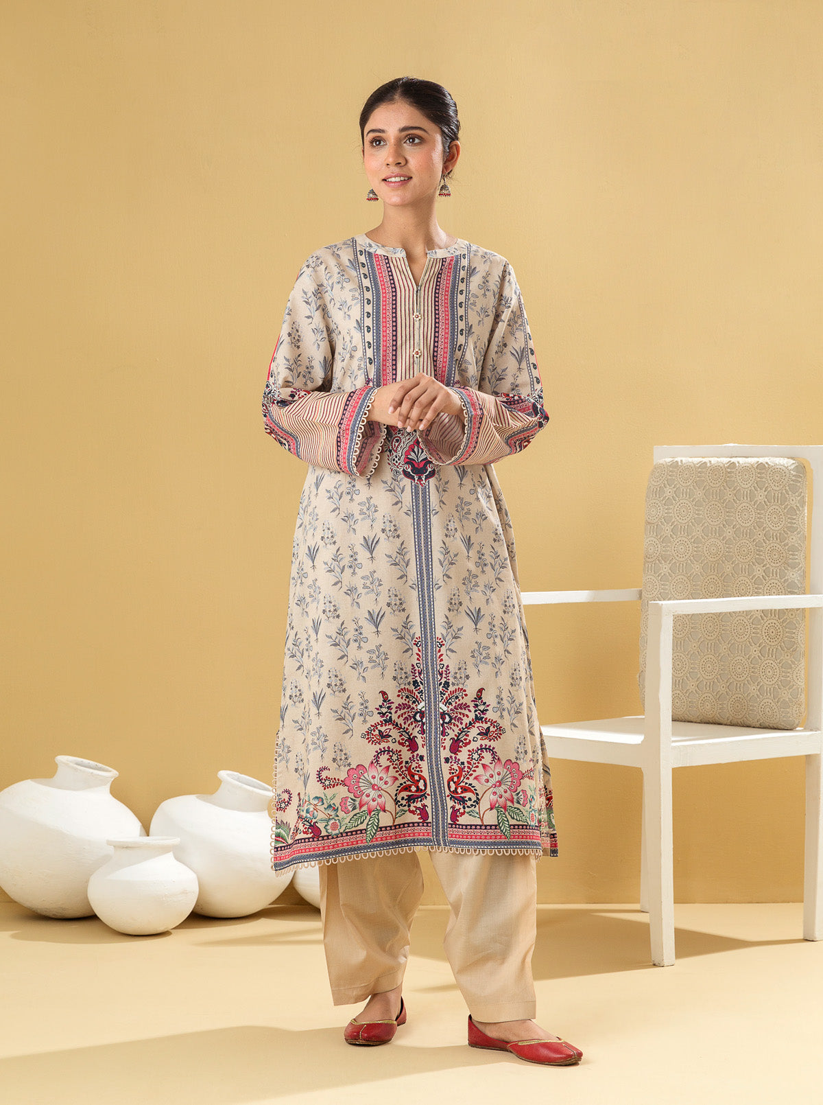 1 PIECE - PRINTED LAWN SHIRT - DELICATE BEIGE