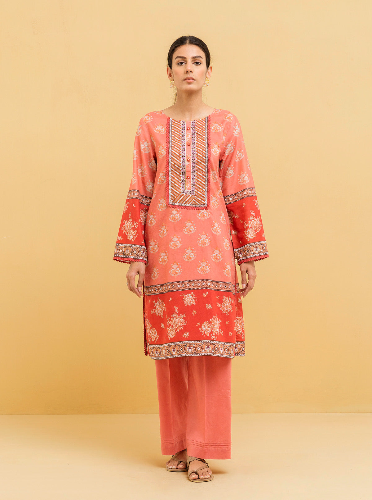 2 Piece - Printed Lawn Suit - Coral Haze