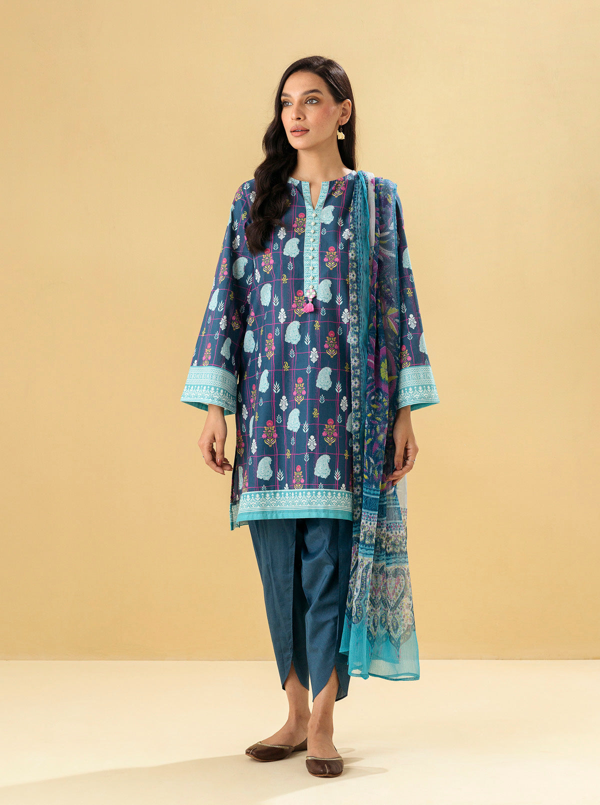2 PIECE - PRINTED LAWN SUIT - MAZARINE BLUE
