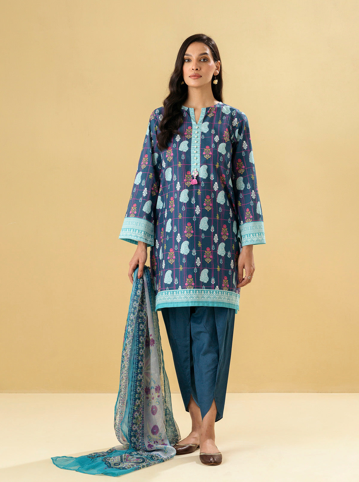 2 PIECE - PRINTED LAWN SUIT - MAZARINE BLUE