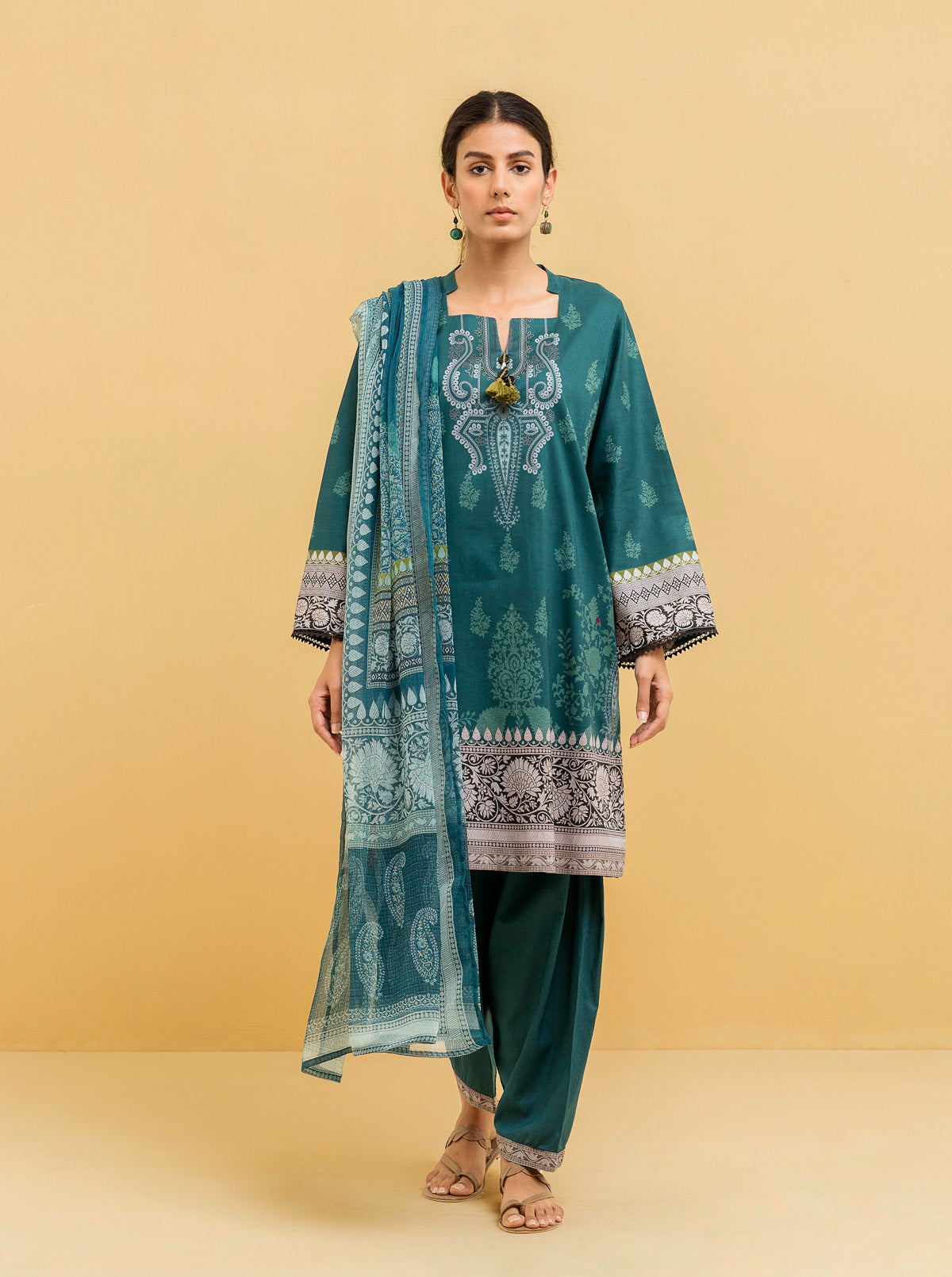 2 Piece - Printed Lawn Suit - Teal Jewel