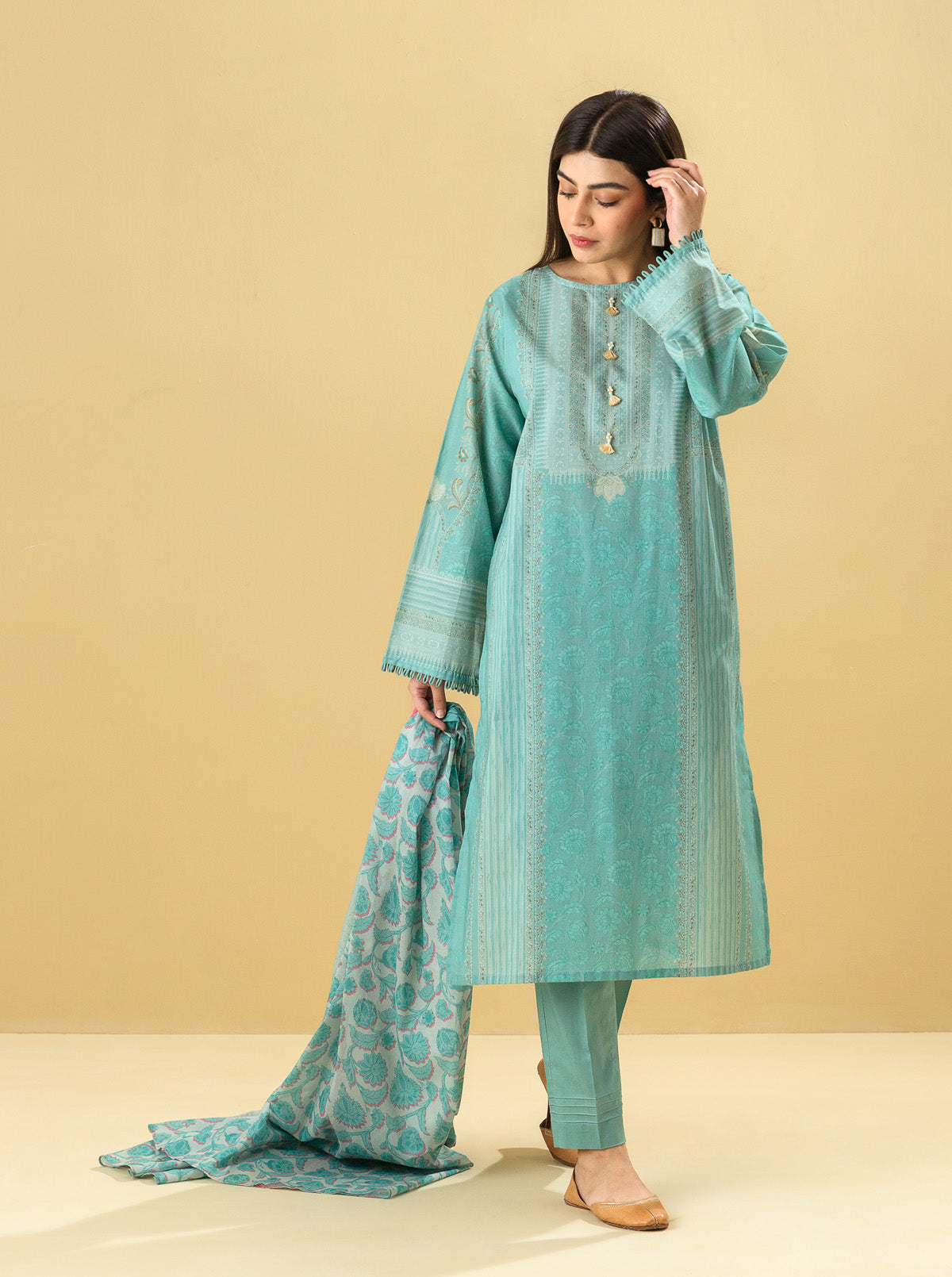 3 Piece - Printed Lawn Suit - Aqua Haze
