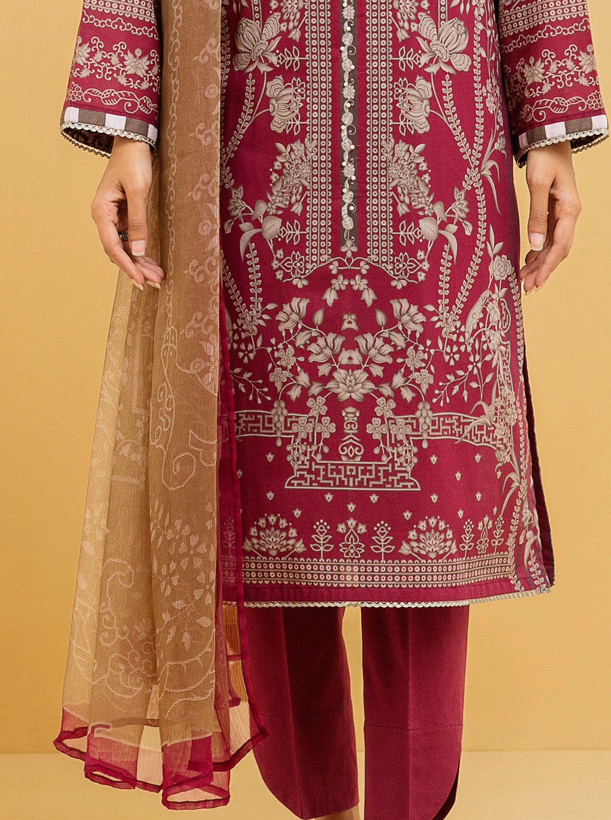 3 Piece - Printed Lawn Suit - Luscious Rouge