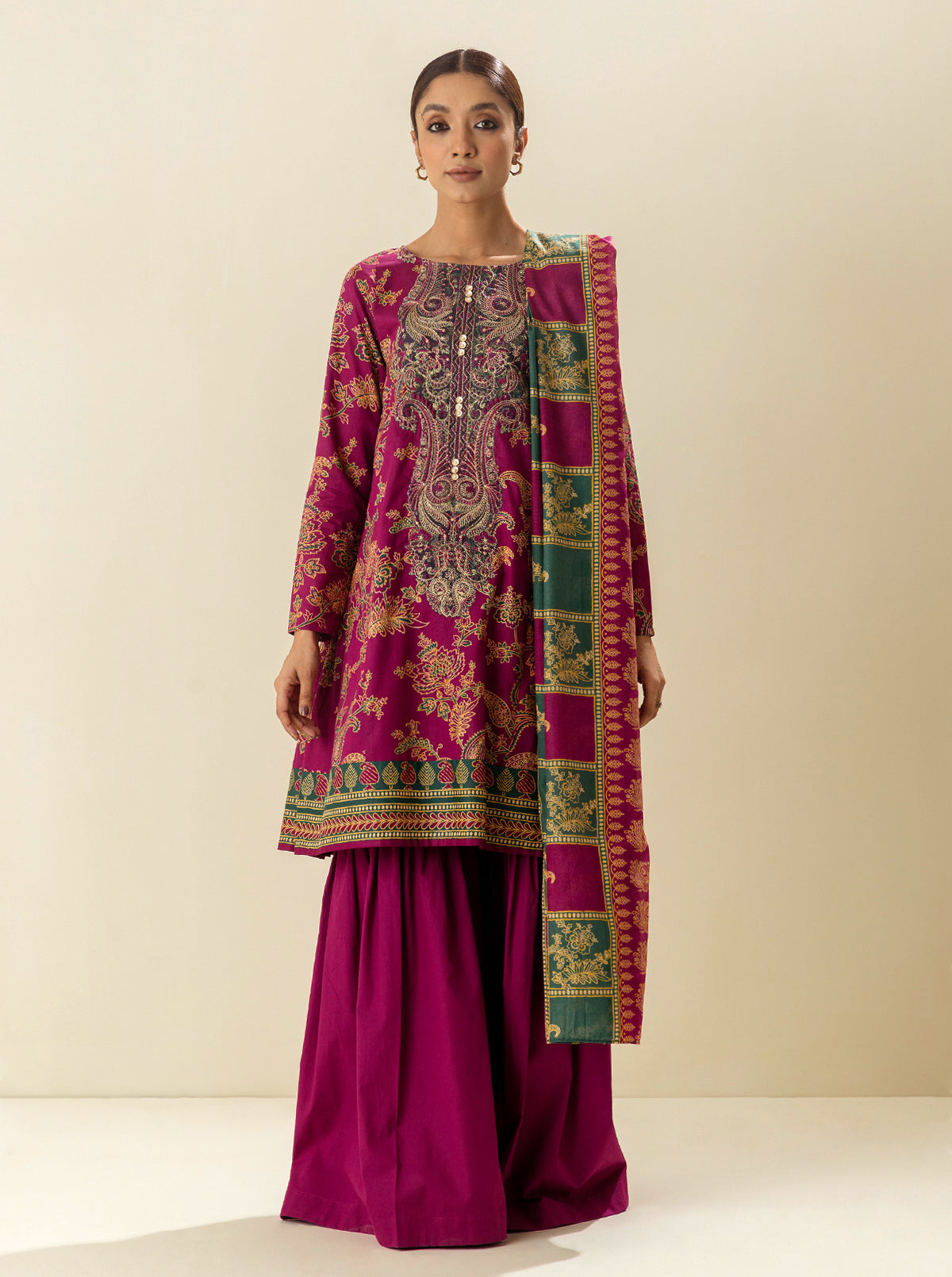2 PIECE - EMBROIDERD LAWN SUIT - PEACOCK PINK